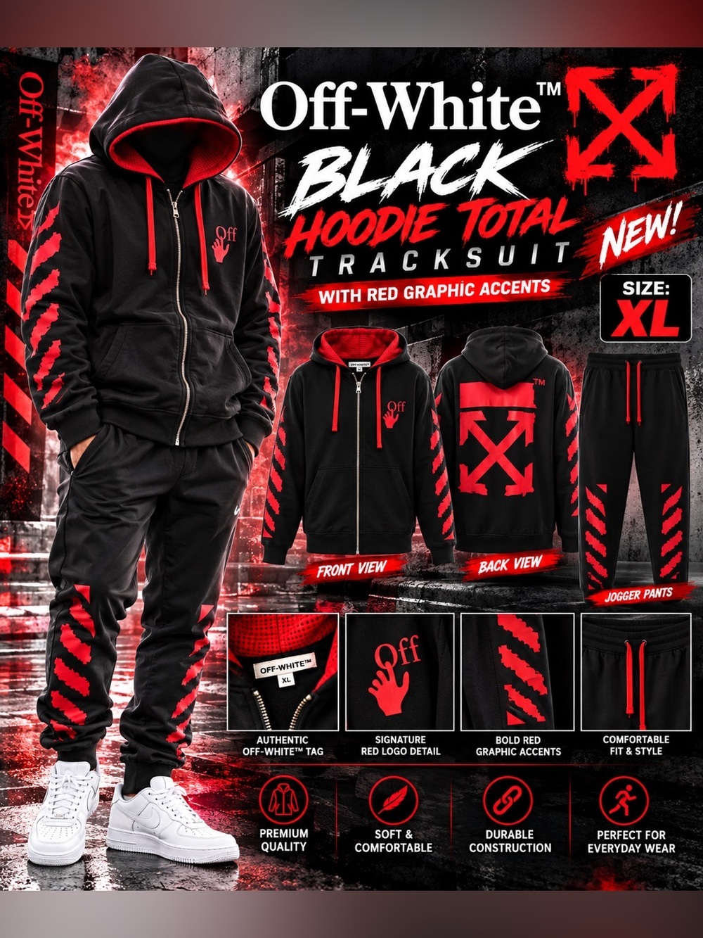 Off-White Black Hoodie Total TrackSuit with Red Graphic Accents🔥New! Size: XL